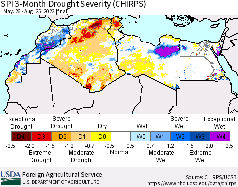 North Africa SPI 3-Month Drought Severity (CHIRPS) Thematic Map For 5/26/2022 - 8/25/2022