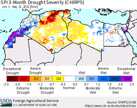 North Africa SPI 3-Month Drought Severity (CHIRPS) Thematic Map For 6/1/2022 - 8/31/2022