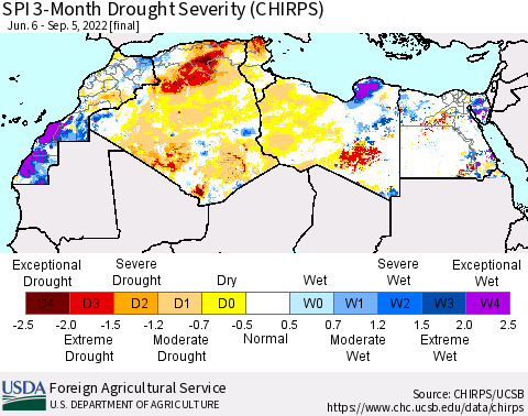 North Africa SPI 3-Month Drought Severity (CHIRPS) Thematic Map For 6/6/2022 - 9/5/2022