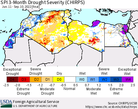 North Africa SPI 3-Month Drought Severity (CHIRPS) Thematic Map For 6/11/2022 - 9/10/2022
