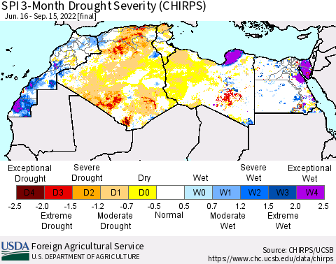 North Africa SPI 3-Month Drought Severity (CHIRPS) Thematic Map For 6/16/2022 - 9/15/2022