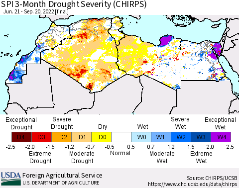North Africa SPI 3-Month Drought Severity (CHIRPS) Thematic Map For 6/21/2022 - 9/20/2022