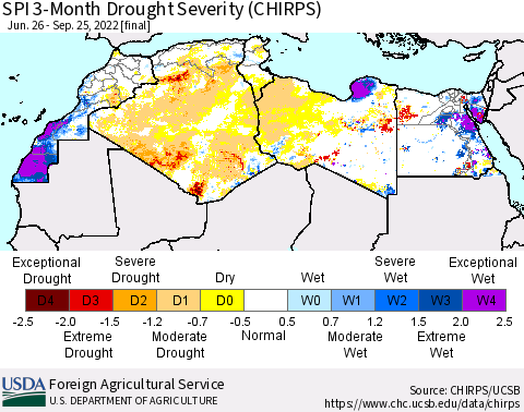 North Africa SPI 3-Month Drought Severity (CHIRPS) Thematic Map For 6/26/2022 - 9/25/2022
