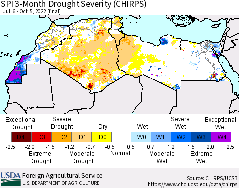 North Africa SPI 3-Month Drought Severity (CHIRPS) Thematic Map For 7/6/2022 - 10/5/2022