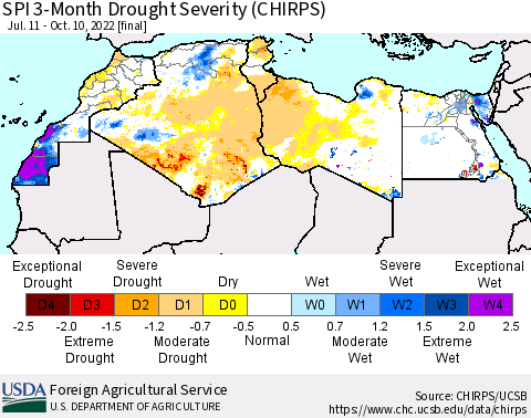 North Africa SPI 3-Month Drought Severity (CHIRPS) Thematic Map For 7/11/2022 - 10/10/2022