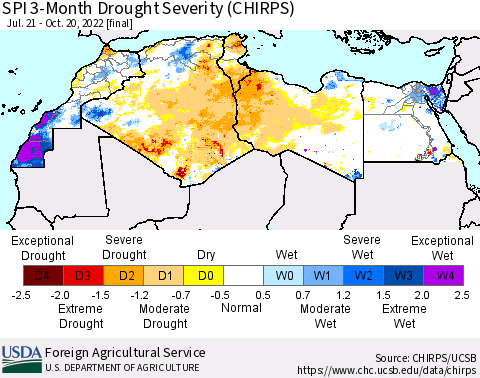 North Africa SPI 3-Month Drought Severity (CHIRPS) Thematic Map For 7/21/2022 - 10/20/2022