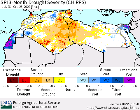 North Africa SPI 3-Month Drought Severity (CHIRPS) Thematic Map For 7/26/2022 - 10/25/2022