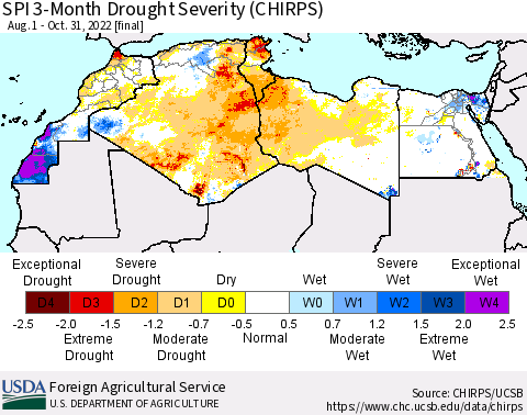 North Africa SPI 3-Month Drought Severity (CHIRPS) Thematic Map For 8/1/2022 - 10/31/2022