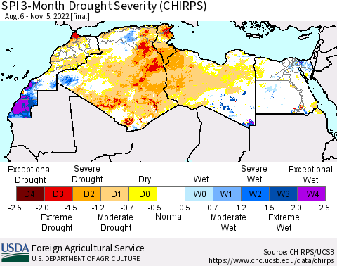 North Africa SPI 3-Month Drought Severity (CHIRPS) Thematic Map For 8/6/2022 - 11/5/2022