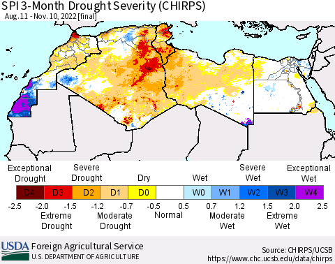 North Africa SPI 3-Month Drought Severity (CHIRPS) Thematic Map For 8/11/2022 - 11/10/2022