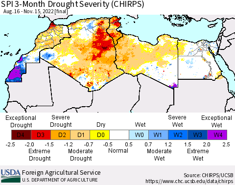 North Africa SPI 3-Month Drought Severity (CHIRPS) Thematic Map For 8/16/2022 - 11/15/2022