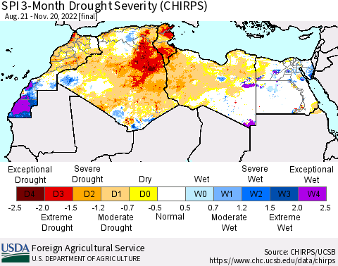 North Africa SPI 3-Month Drought Severity (CHIRPS) Thematic Map For 8/21/2022 - 11/20/2022