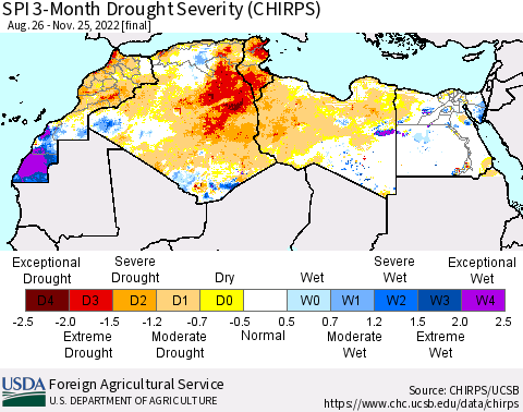 North Africa SPI 3-Month Drought Severity (CHIRPS) Thematic Map For 8/26/2022 - 11/25/2022