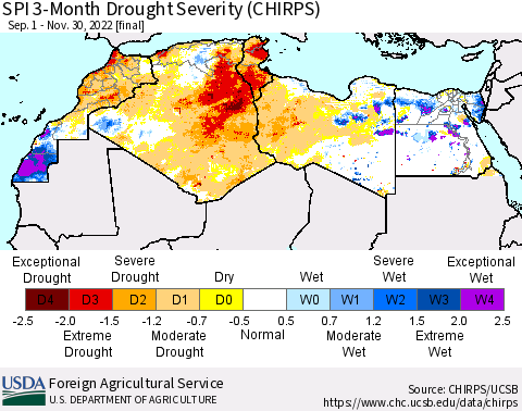 North Africa SPI 3-Month Drought Severity (CHIRPS) Thematic Map For 9/1/2022 - 11/30/2022