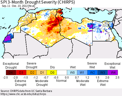 North Africa SPI 3-Month Drought Severity (CHIRPS) Thematic Map For 9/11/2022 - 12/10/2022