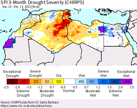North Africa SPI 3-Month Drought Severity (CHIRPS) Thematic Map For 9/16/2022 - 12/15/2022