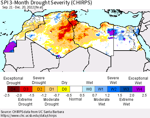 North Africa SPI 3-Month Drought Severity (CHIRPS) Thematic Map For 9/21/2022 - 12/20/2022