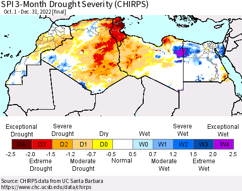 North Africa SPI 3-Month Drought Severity (CHIRPS) Thematic Map For 10/1/2022 - 12/31/2022
