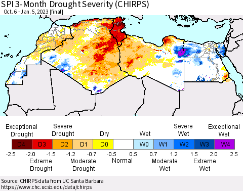 North Africa SPI 3-Month Drought Severity (CHIRPS) Thematic Map For 10/6/2022 - 1/5/2023