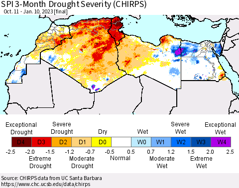 North Africa SPI 3-Month Drought Severity (CHIRPS) Thematic Map For 10/11/2022 - 1/10/2023
