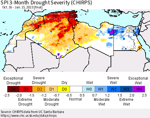 North Africa SPI 3-Month Drought Severity (CHIRPS) Thematic Map For 10/16/2022 - 1/15/2023