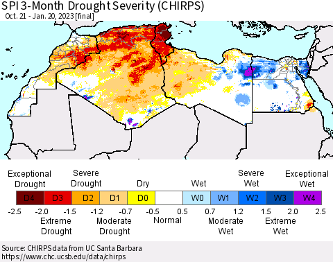 North Africa SPI 3-Month Drought Severity (CHIRPS) Thematic Map For 10/21/2022 - 1/20/2023