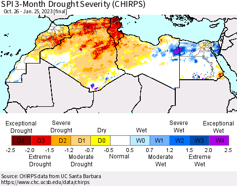North Africa SPI 3-Month Drought Severity (CHIRPS) Thematic Map For 10/26/2022 - 1/25/2023