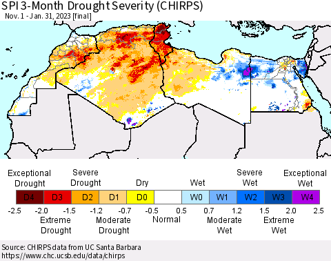 North Africa SPI 3-Month Drought Severity (CHIRPS) Thematic Map For 11/1/2022 - 1/31/2023