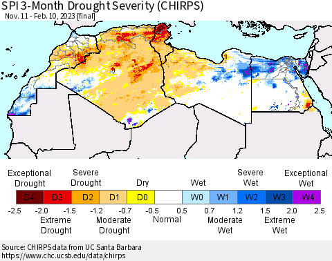 North Africa SPI 3-Month Drought Severity (CHIRPS) Thematic Map For 11/11/2022 - 2/10/2023