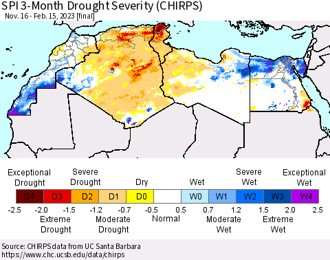 North Africa SPI 3-Month Drought Severity (CHIRPS) Thematic Map For 11/16/2022 - 2/15/2023