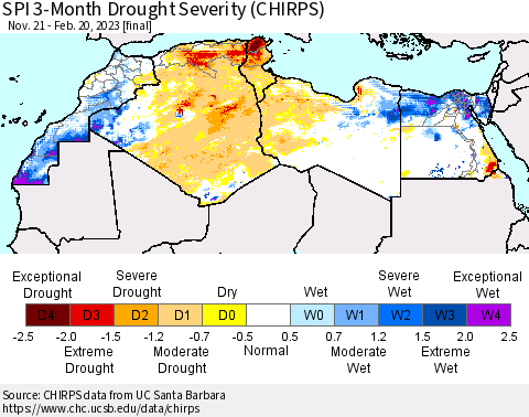 North Africa SPI 3-Month Drought Severity (CHIRPS) Thematic Map For 11/21/2022 - 2/20/2023