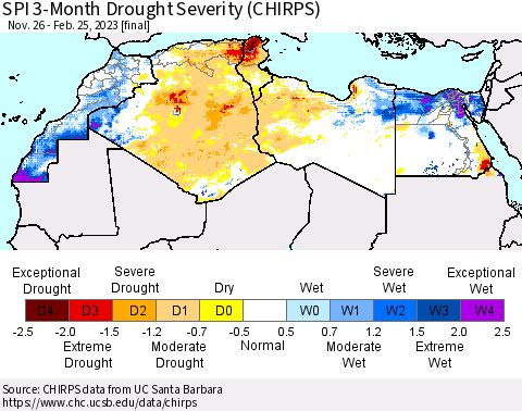North Africa SPI 3-Month Drought Severity (CHIRPS) Thematic Map For 11/26/2022 - 2/25/2023