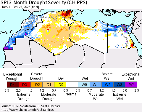 North Africa SPI 3-Month Drought Severity (CHIRPS) Thematic Map For 12/1/2022 - 2/28/2023