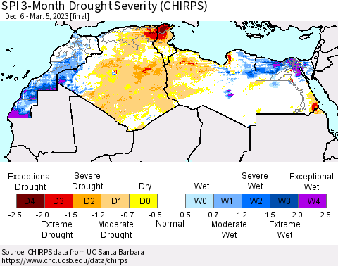 North Africa SPI 3-Month Drought Severity (CHIRPS) Thematic Map For 12/6/2022 - 3/5/2023