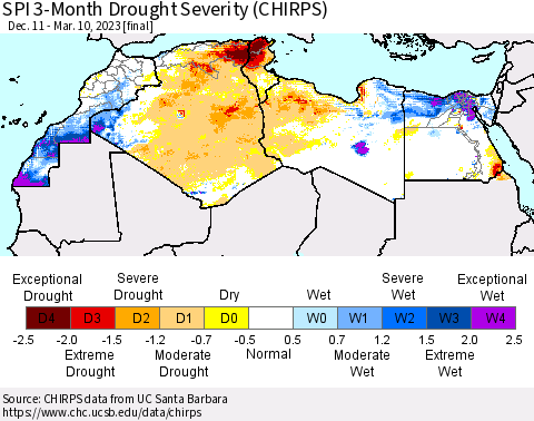 North Africa SPI 3-Month Drought Severity (CHIRPS) Thematic Map For 12/11/2022 - 3/10/2023