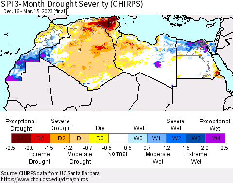 North Africa SPI 3-Month Drought Severity (CHIRPS) Thematic Map For 12/16/2022 - 3/15/2023