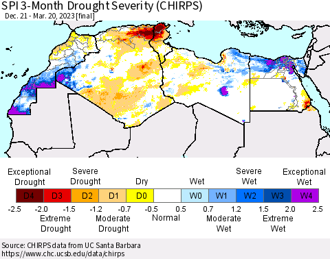 North Africa SPI 3-Month Drought Severity (CHIRPS) Thematic Map For 12/21/2022 - 3/20/2023