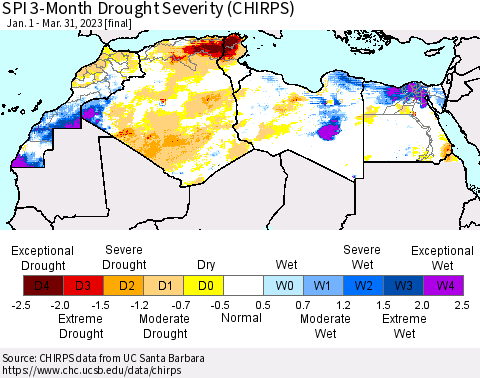 North Africa SPI 3-Month Drought Severity (CHIRPS) Thematic Map For 1/1/2023 - 3/31/2023