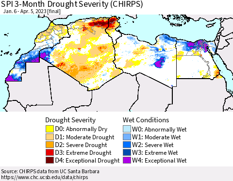 North Africa SPI 3-Month Drought Severity (CHIRPS) Thematic Map For 1/6/2023 - 4/5/2023