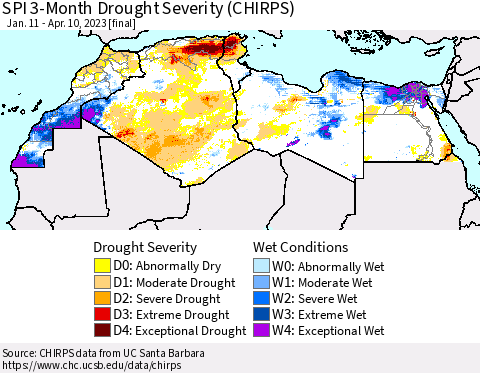 North Africa SPI 3-Month Drought Severity (CHIRPS) Thematic Map For 1/11/2023 - 4/10/2023