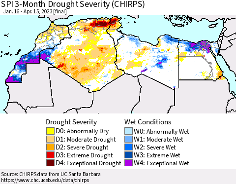 North Africa SPI 3-Month Drought Severity (CHIRPS) Thematic Map For 1/16/2023 - 4/15/2023
