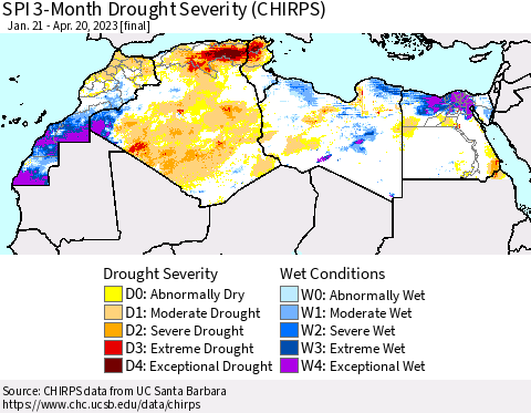 North Africa SPI 3-Month Drought Severity (CHIRPS) Thematic Map For 1/21/2023 - 4/20/2023