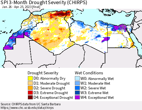 North Africa SPI 3-Month Drought Severity (CHIRPS) Thematic Map For 1/26/2023 - 4/25/2023