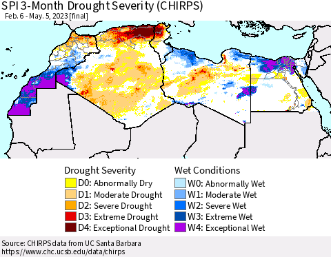 North Africa SPI 3-Month Drought Severity (CHIRPS) Thematic Map For 2/6/2023 - 5/5/2023