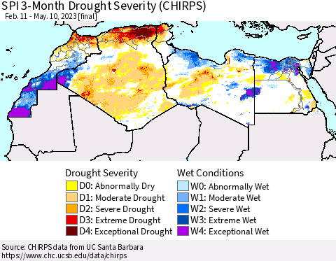 North Africa SPI 3-Month Drought Severity (CHIRPS) Thematic Map For 2/11/2023 - 5/10/2023
