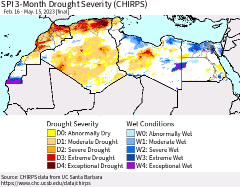 North Africa SPI 3-Month Drought Severity (CHIRPS) Thematic Map For 2/16/2023 - 5/15/2023