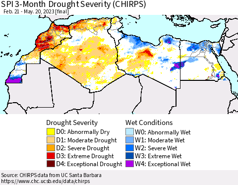 North Africa SPI 3-Month Drought Severity (CHIRPS) Thematic Map For 2/21/2023 - 5/20/2023