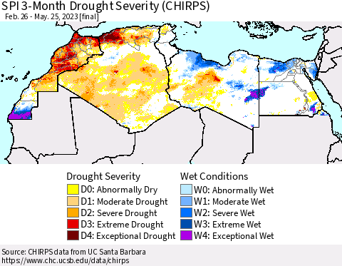 North Africa SPI 3-Month Drought Severity (CHIRPS) Thematic Map For 2/26/2023 - 5/25/2023