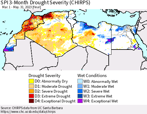 North Africa SPI 3-Month Drought Severity (CHIRPS) Thematic Map For 3/1/2023 - 5/31/2023