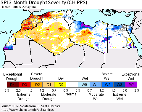 North Africa SPI 3-Month Drought Severity (CHIRPS) Thematic Map For 3/6/2023 - 6/5/2023